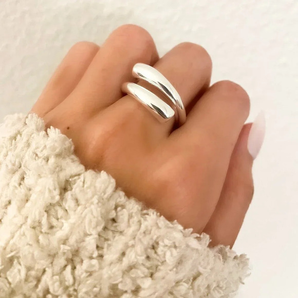 925 Sterling Silver Double Bar Ring Minimalist Chunky Bar Ring Wrap Ring - Picture 3 of 10